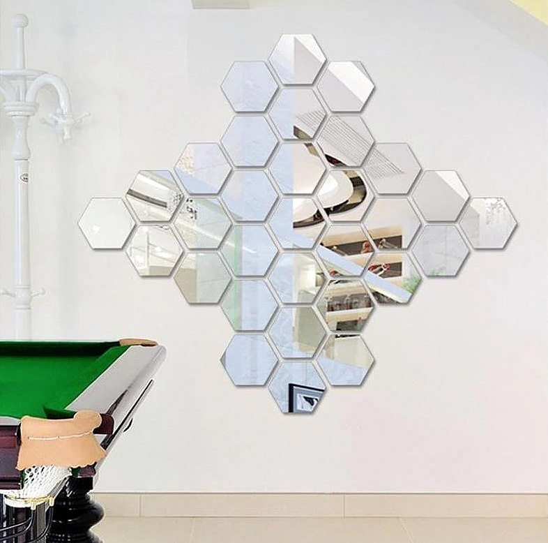 Oglinda Design Hexagon Silver - Oglinzi Decorative Acrilice - Diagonala 14cm - SET 11 bucati