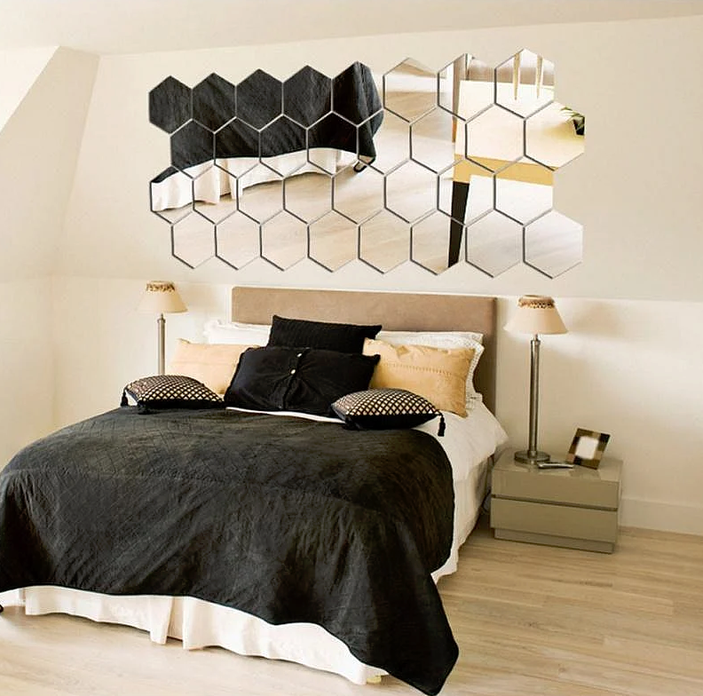 Oglinda Design Hexagon Silver - Oglinzi Decorative Acrilice - Diagonala 14cm - SET 11 bucati