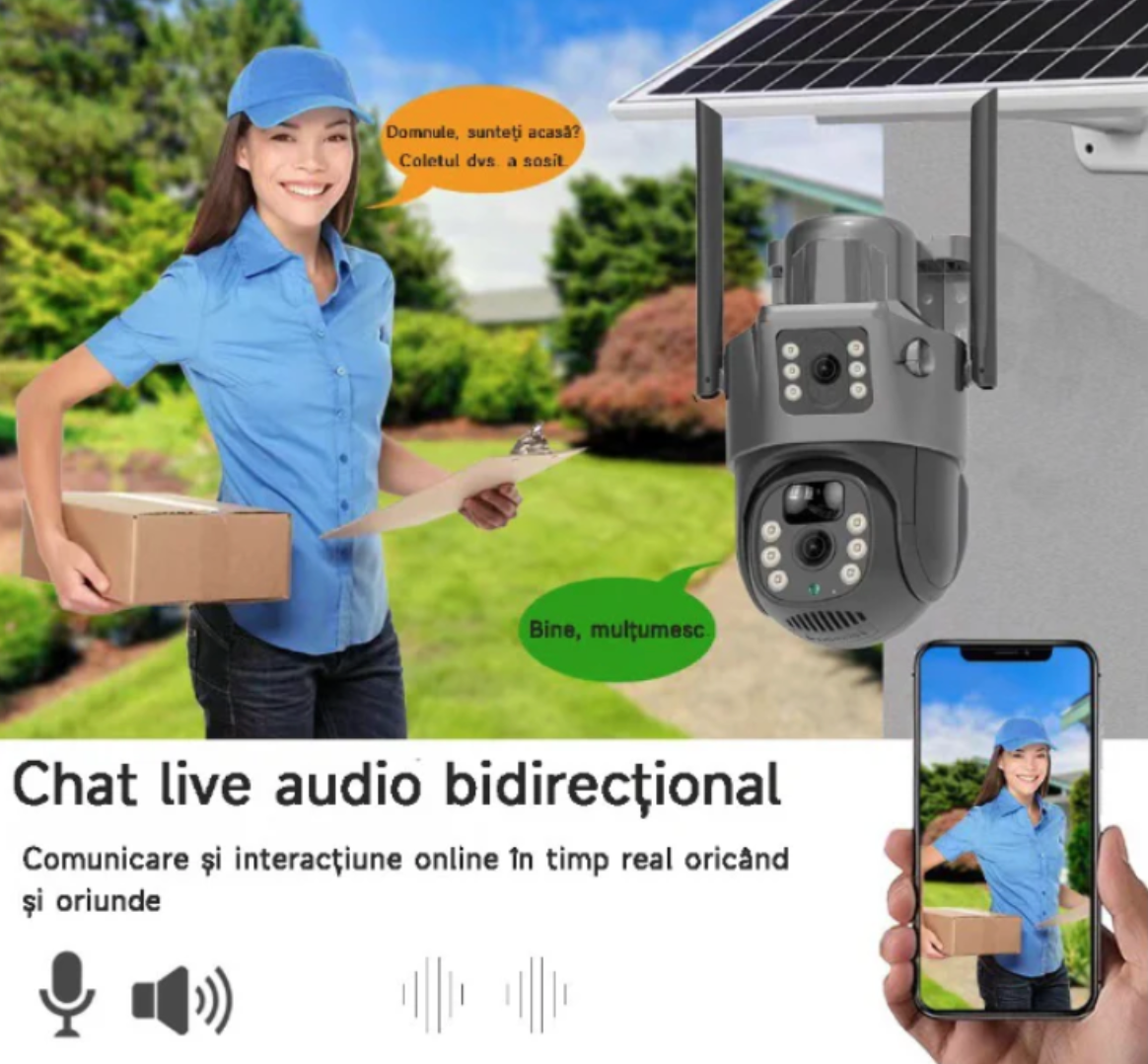 Camera Video de Supraveghere Wi-Fi - Doua Lentile, Panou Solar pentru incarcare