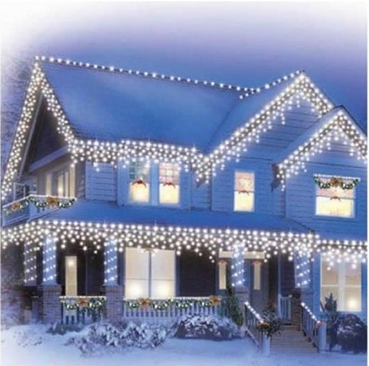 Set 2 Instalatii LED AR cu franjuri, lungime 12 metri, alb rece, de exterior, 300 leduri