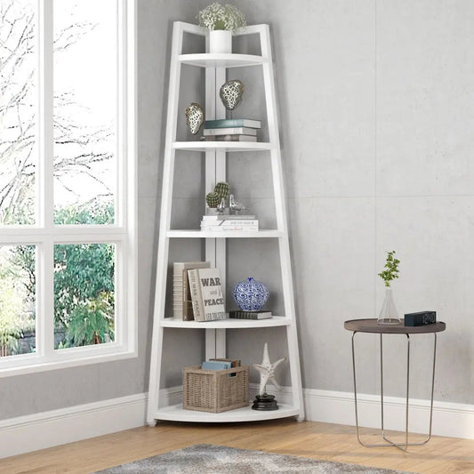 Raft biblioteca de colt cu 5 polite, alb, 52 x 34 x 110cm