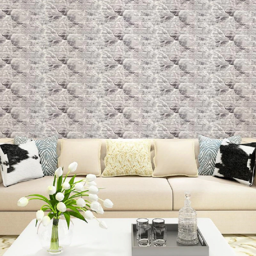 Set 8 x Tapet 3D, autoadeziv/autocolant, spuma moale, design modern, pentru interior, usor de curatat, rezistent la apa, dimensiuni 70 cm x 77 cm x 0,3 cm, design marmura, Alb/Negru