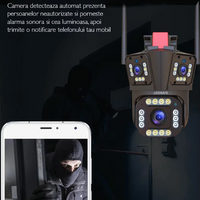 **Camera de Supraveghere Tripla WIFI, 12MP, Exterior/Interior, Ultra HD, 5X zoom, Rotire, Leduri, Lumina, Comunicare Bidirectionala, Alarma, Senzor Miscare