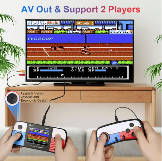 **Consola de jocuri, portabila, cu 666 de jocuri, ecran HD de 3 "0", conexiune TV, functia de vibratie a controlerului de joc, suport TV AV-out, din ABS, alb/albastru/rosu