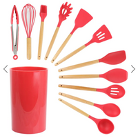 Set 12 ustensile de gatit din silicon, maner rezistent din bambus