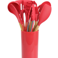 Set 12 ustensile de gatit din silicon, maner rezistent din bambus