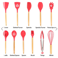 Set 12 ustensile de gatit din silicon, maner rezistent din bambus