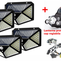 Set 4 x Lampa 100 LED cu panou solar, senzor de miscare +CADOU Lanterna profesionala de cap reglabila cu triplu LED