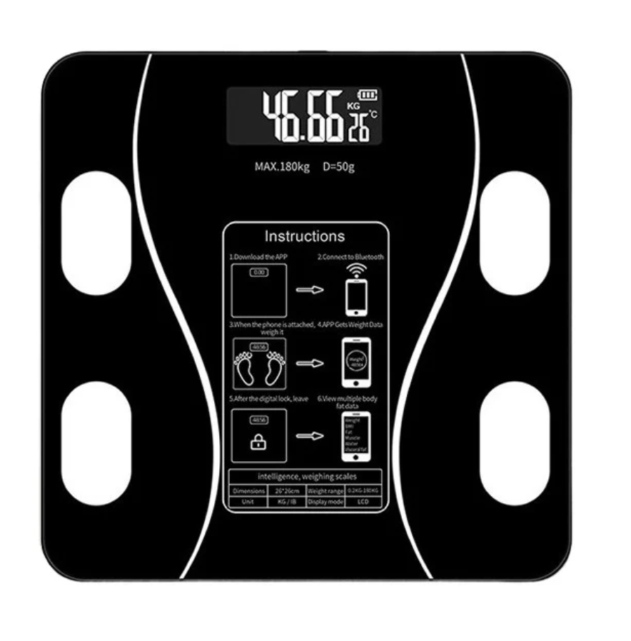 Cantar Electronic Inteligent De Baie Cu Aplicatie Smart, Corporal, Ecran Digital Iluminat, Termometru, Suporta Maxim 180 Kg, 26 x 26 cm, Baterii, Negru