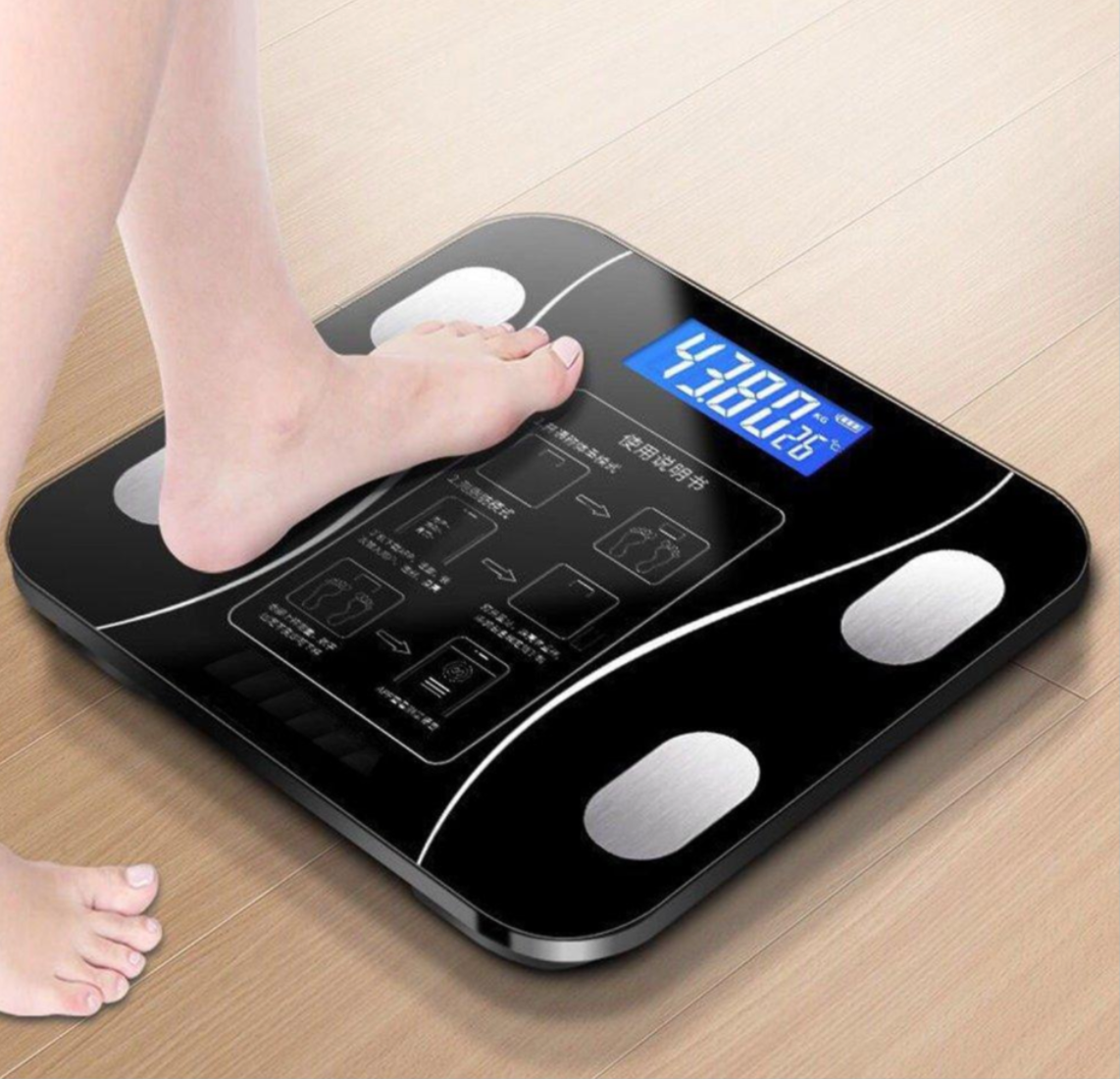 Cantar Electronic Inteligent De Baie Cu Aplicatie Smart, Corporal, Ecran Digital Iluminat, Termometru, Suporta Maxim 180 Kg, 26 x 26 cm, Baterii, Negru