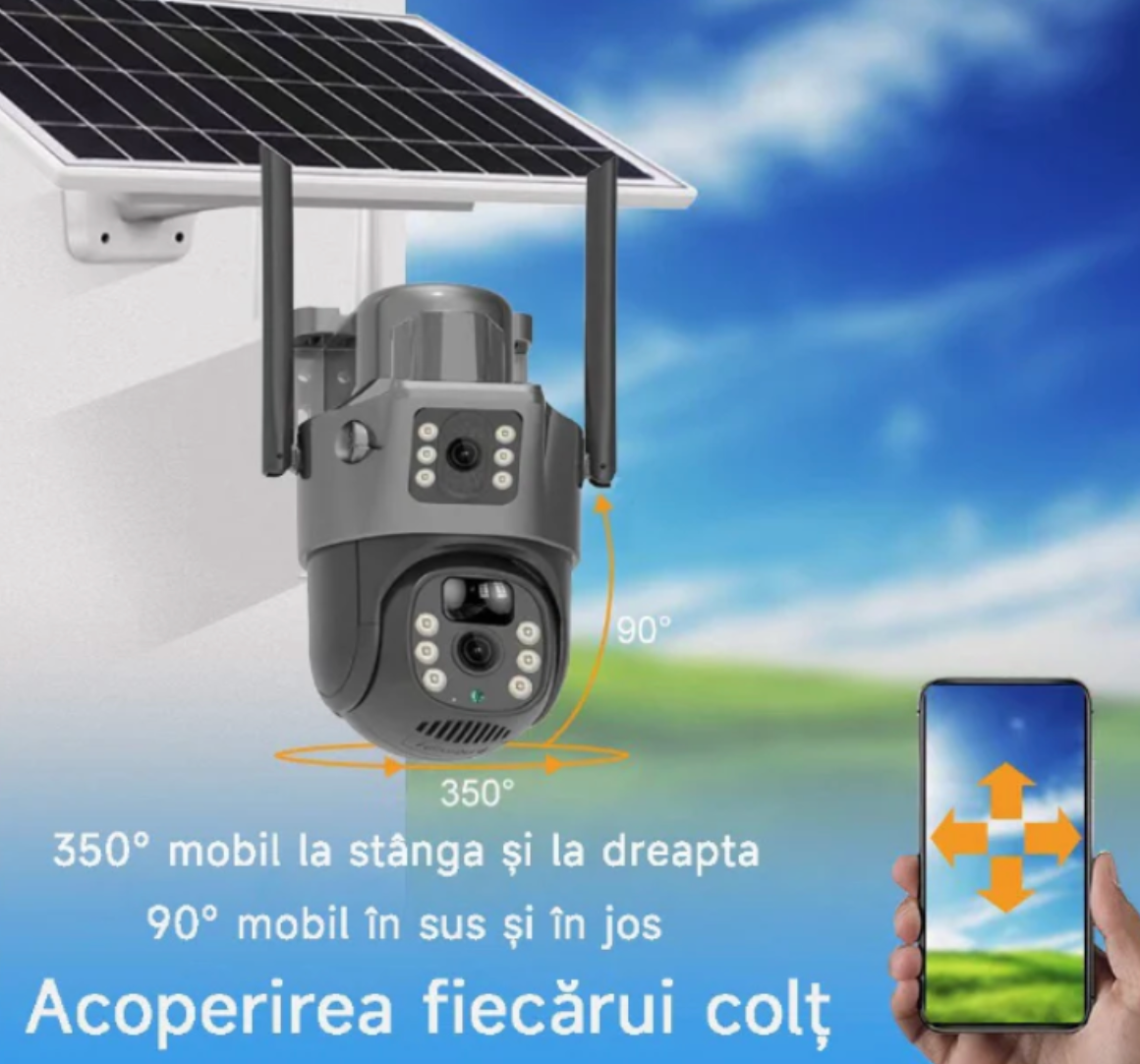Camera Video de Supraveghere Wi-Fi - Doua Lentile, Panou Solar pentru incarcare
