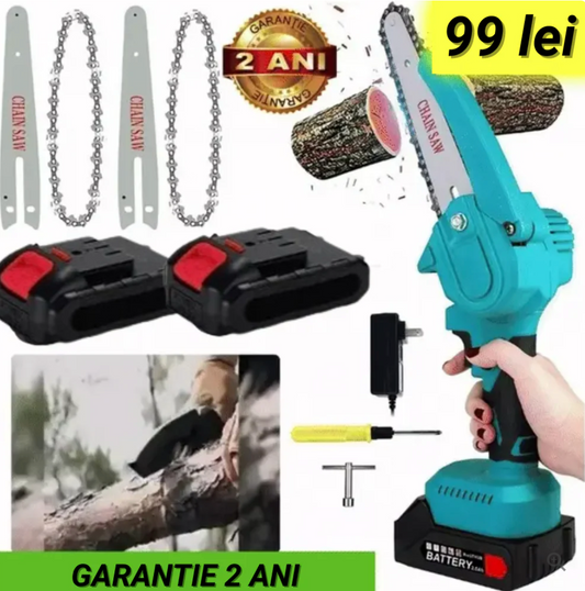 Lichidare STOC: Mini Fierastrau Electric Cu Acumulatori 48V, 2x Baterie + 2x Lant + 2x Lama, 6 Inch