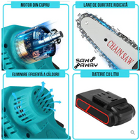 Lichidare STOC: Mini Fierastrau Electric Cu Acumulatori 48V, 2x Baterie + 2x Lant + 2x Lama, 6 Inch