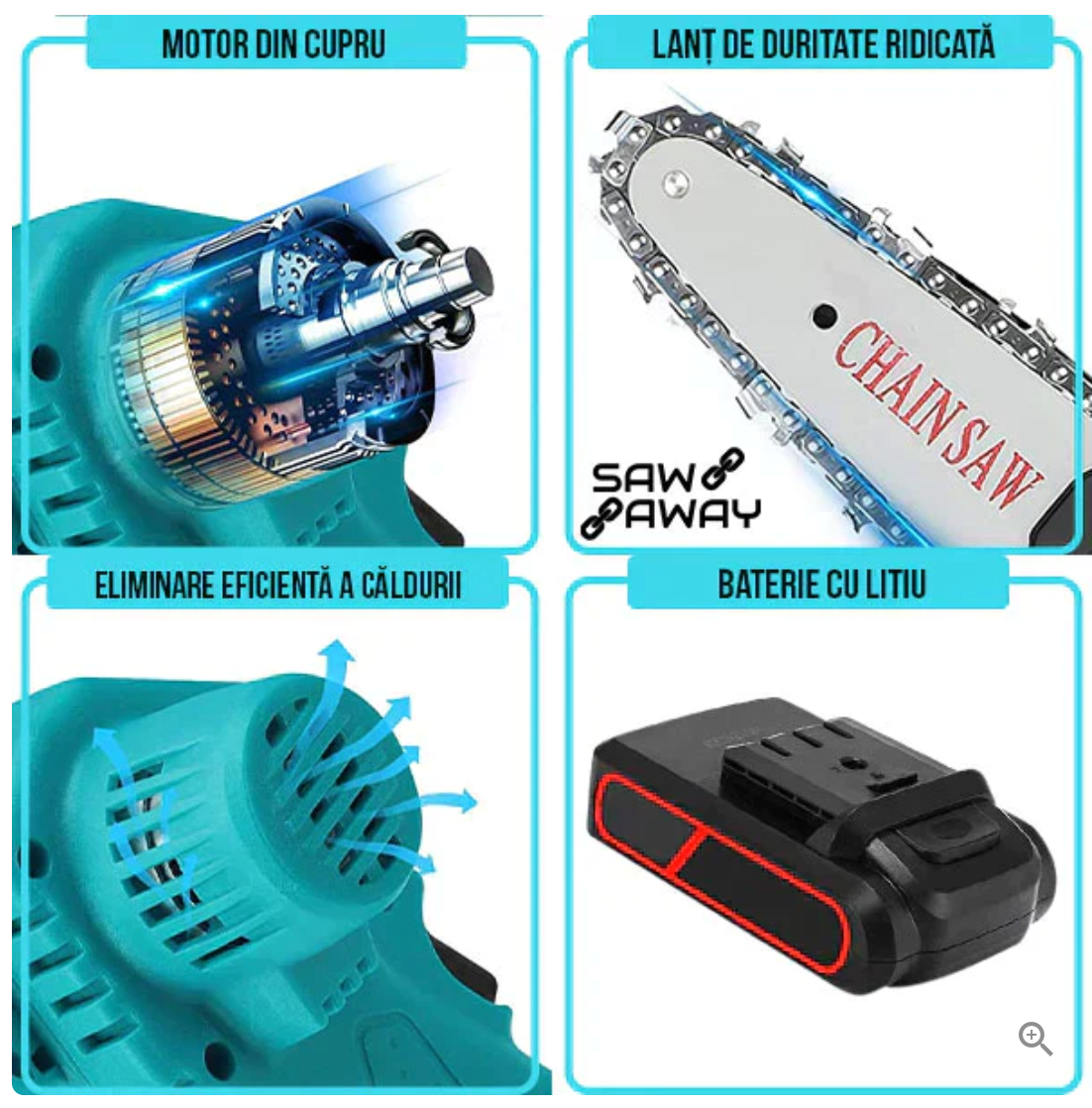 Lichidare STOC: Mini Fierastrau Electric Cu Acumulatori 48V, 2x Baterie + 2x Lant + 2x Lama, 6 Inch