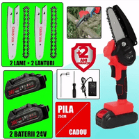 WOW: LICHIDARE STOC: Mini Fierastrau Electric Cu Acumulatori 24V, 2x Baterie + 2x Lant + 2x Lama, 4 Inch + CADOU pila 25cm+CADOU Cutie De Depozitare