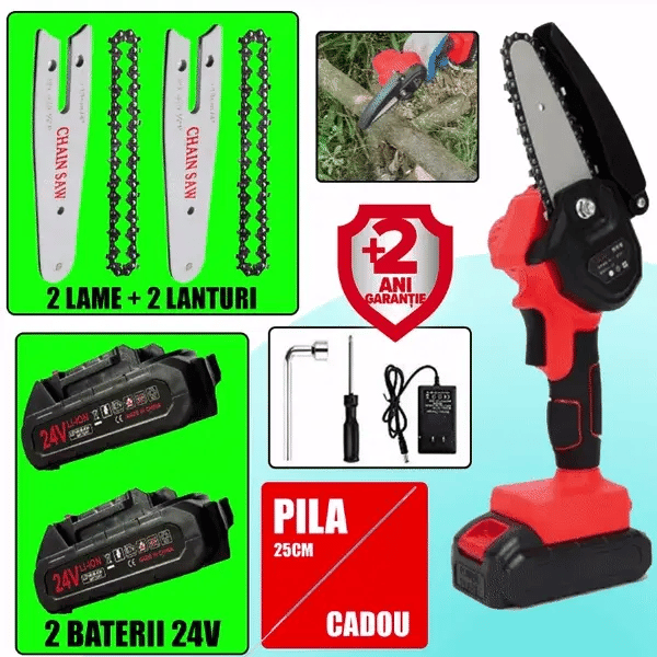 WOW: LICHIDARE STOC: Mini Fierastrau Electric Cu Acumulatori 24V, 2x Baterie + 2x Lant + 2x Lama, 4 Inch + CADOU pila 25cm+CADOU Cutie De Depozitare