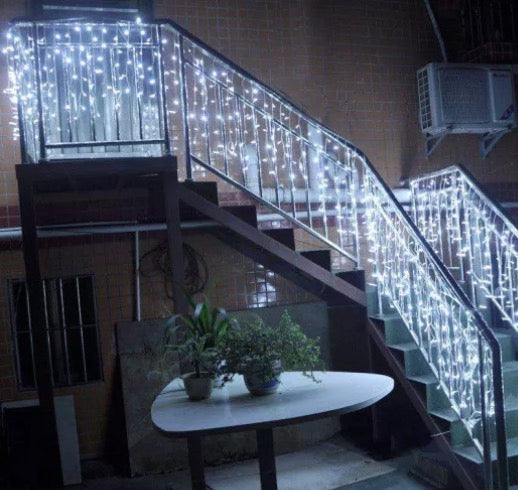 Set 2 Instalatii LED AR cu franjuri, lungime 12 metri, alb rece, de exterior, 300 leduri