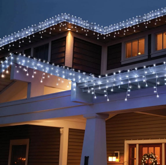 Set 2 Instalatii LED AR cu franjuri, lungime 12 metri, alb rece, de exterior, 300 leduri