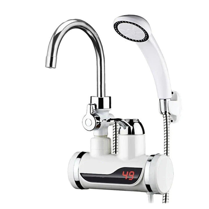 Robinet electric cu Dus/Furtun + Para, incalzire instantanee a apei, afisaj LCD al temperaturii, putere 3KW, debit 1.5L/min prindere pe perete, Alb