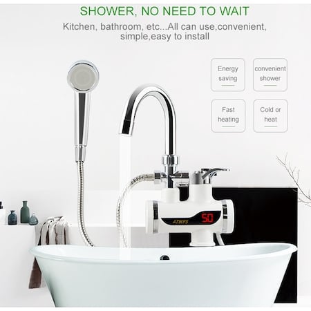 Robinet electric cu Dus/Furtun + Para, incalzire instantanee a apei, afisaj LCD al temperaturii, putere 3KW, debit 1.5L/min prindere pe perete, Alb