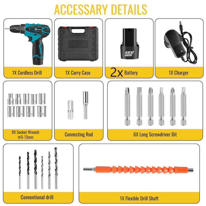Set Bormasina Electrica - DASGUT cu 2 Acumulatori 12V, Set 24 de Accesorii, 1400 RPM