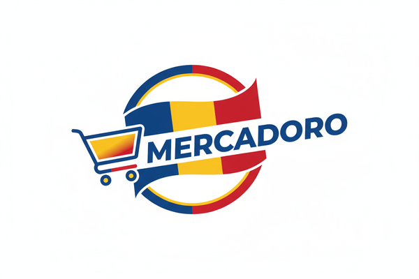 vreau un logo care sa contina cuvantul Mercadoro, steagul romaniei si un cart de cumparaturi